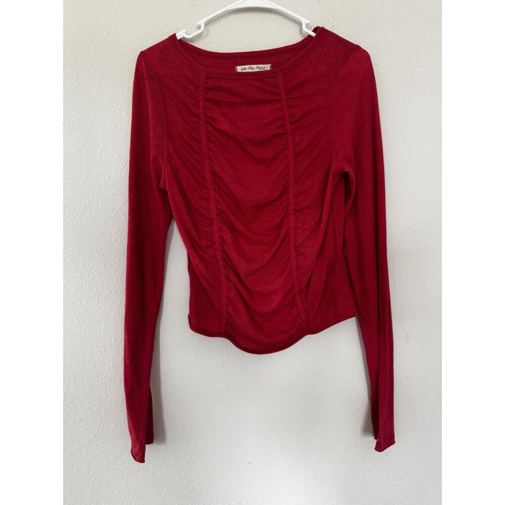 New We The Free Y2K Red Ruched Top Boho Long Sleeve Fitted Blouse Casual Sporty